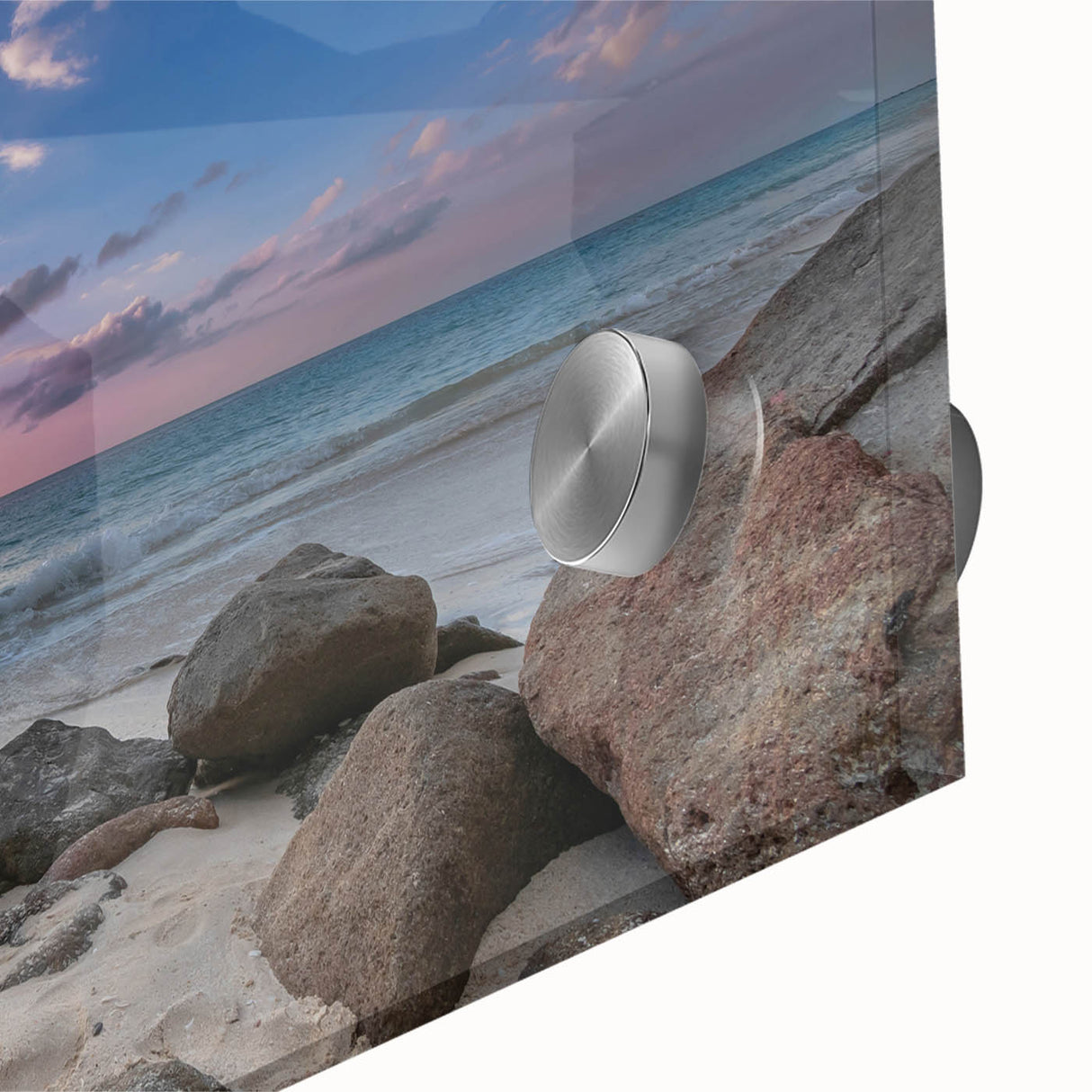 Large abstract wall art depicting a Caribbean Antigua scenery in vibrant blue and green tones on acrylic glass.