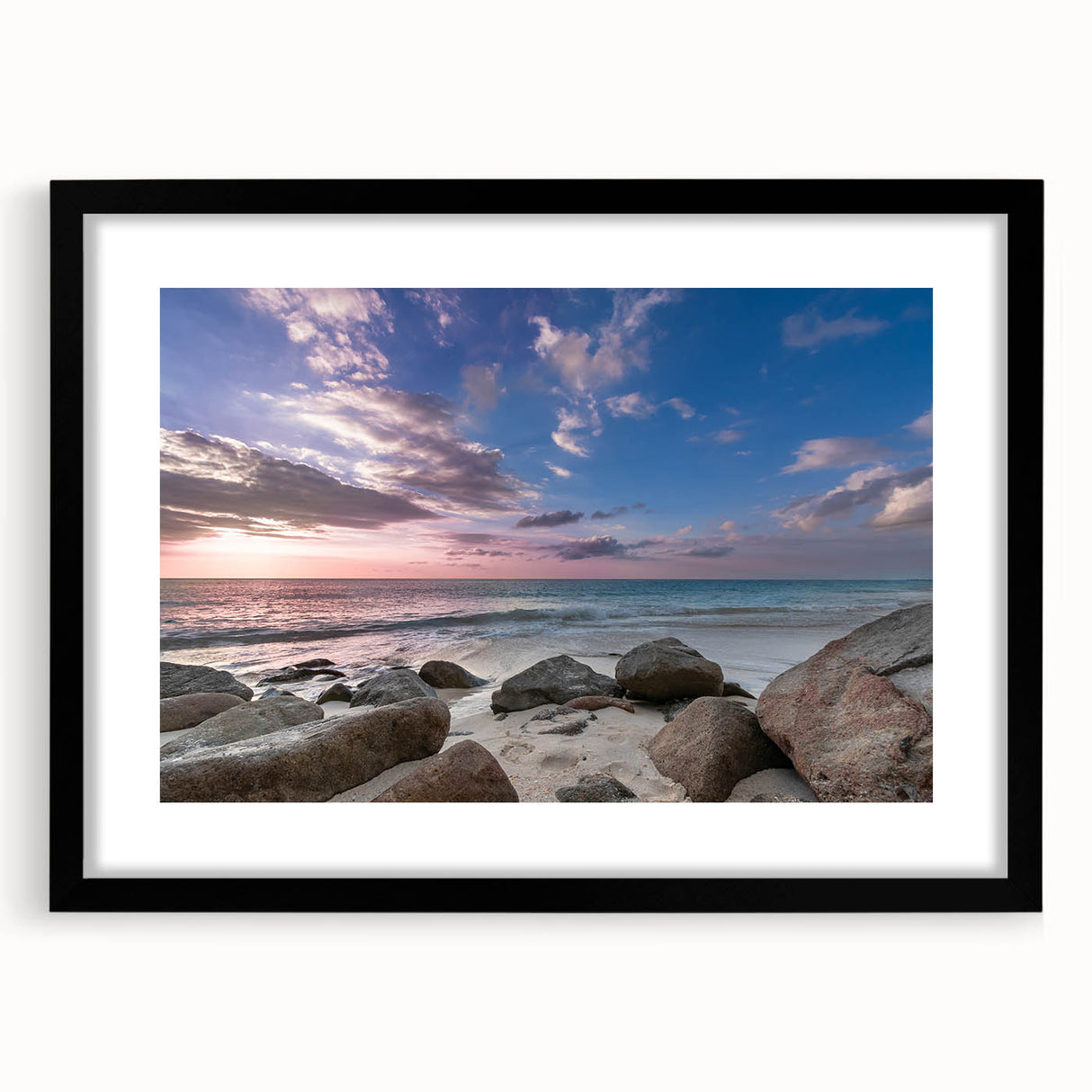 Extra large abstract art print of a Caribbean scenery in vibrant colors on textured canvas, ideal for living room decor.