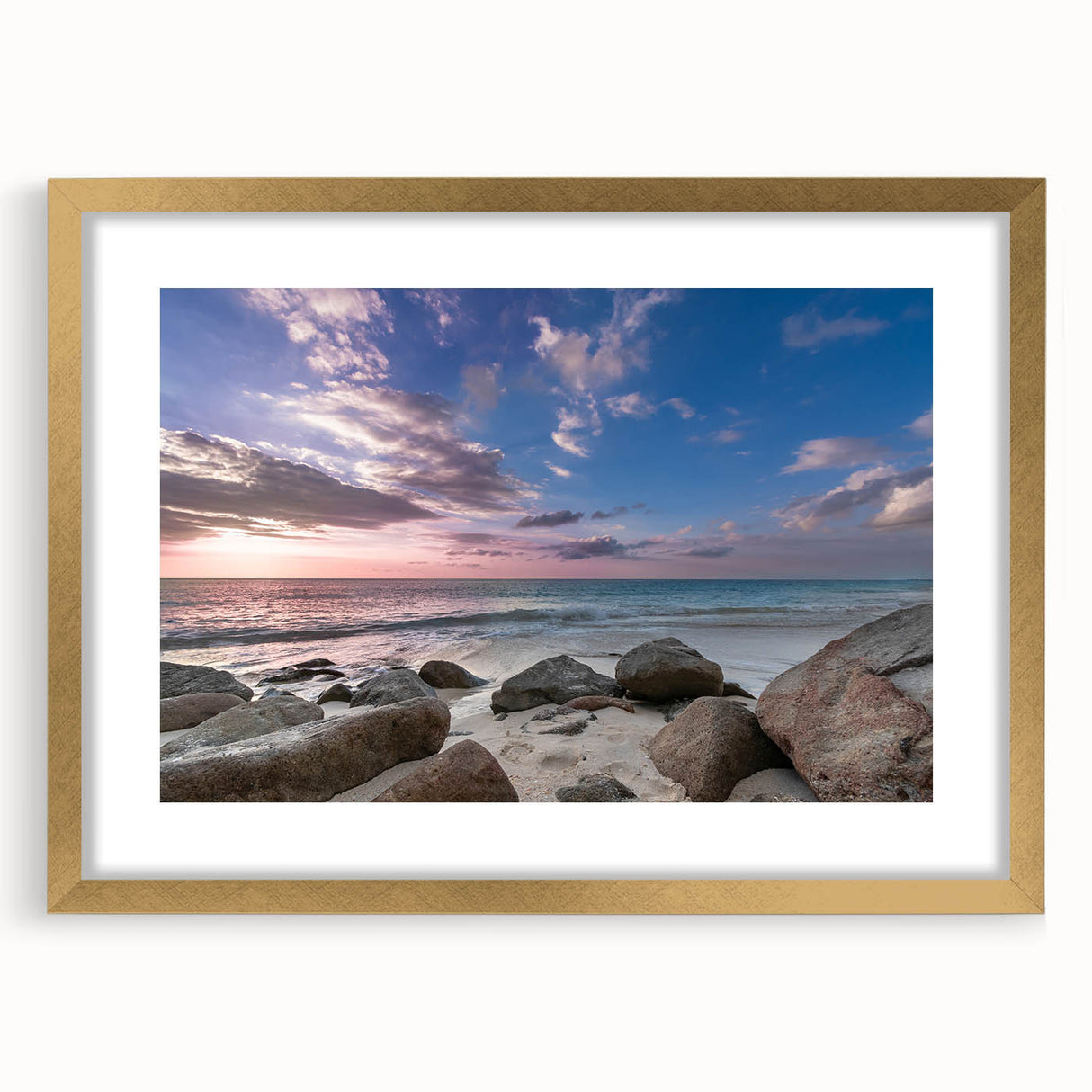 Abstract art print of Caribbean scenery in muted blue and green shades on a framed canvas, ideal for dining room decor.