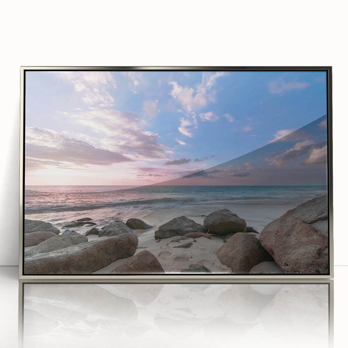 Large art print of a Caribbean scenery on silver-framed acrylic, featuring mid-century modernist style.