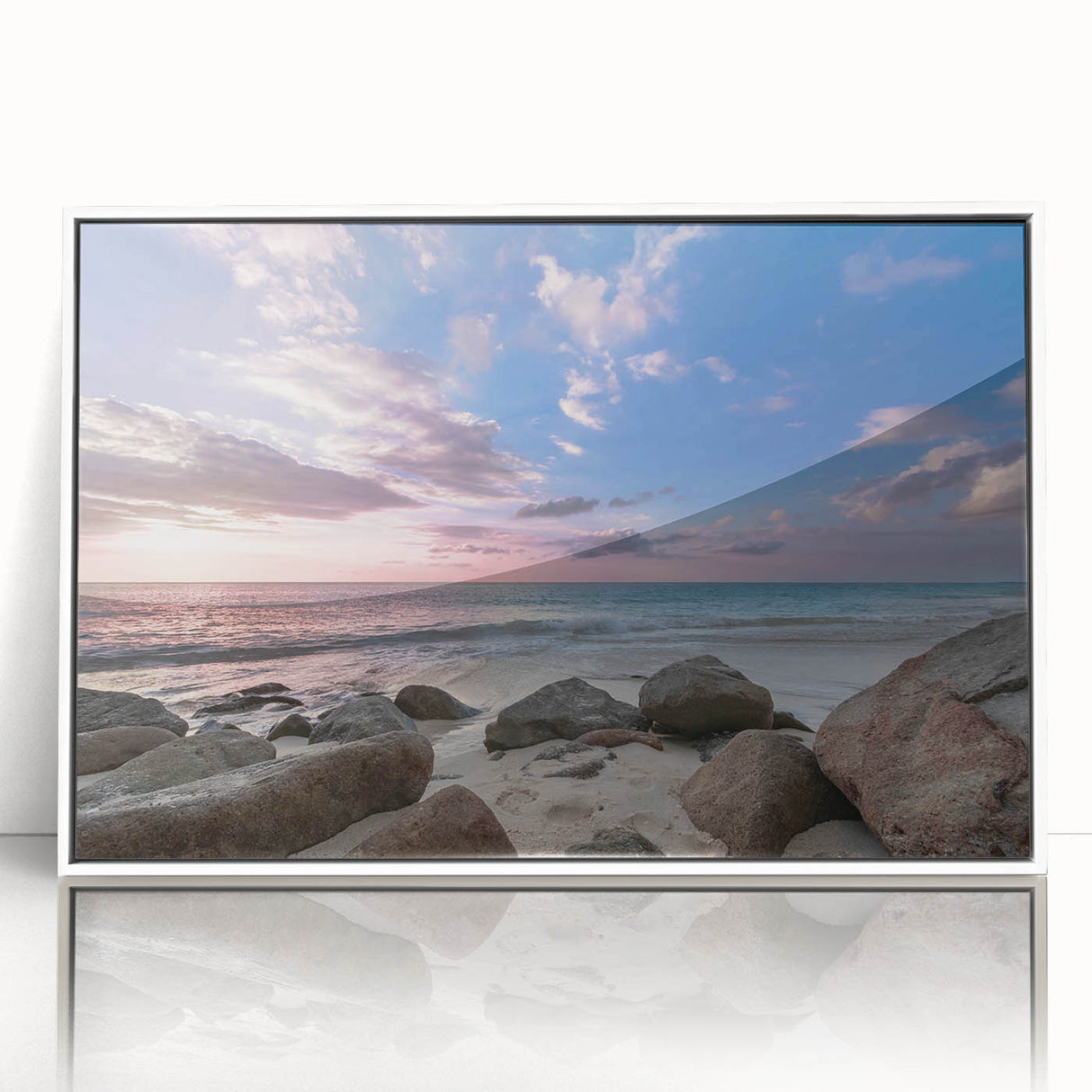 Mid-century modernist art depicting Caribbean scenery in muted blue and green hues.