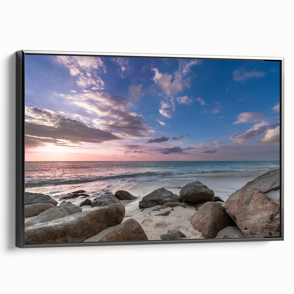 Black and white framed canvas of Antigua landscape, ideal for bedroom wall art.