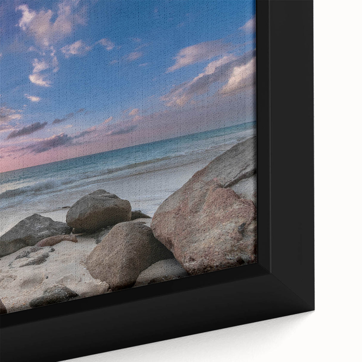 Extra large framed canvas of a textured Caribbean scenery in vibrant colors, ideal for living room decor.