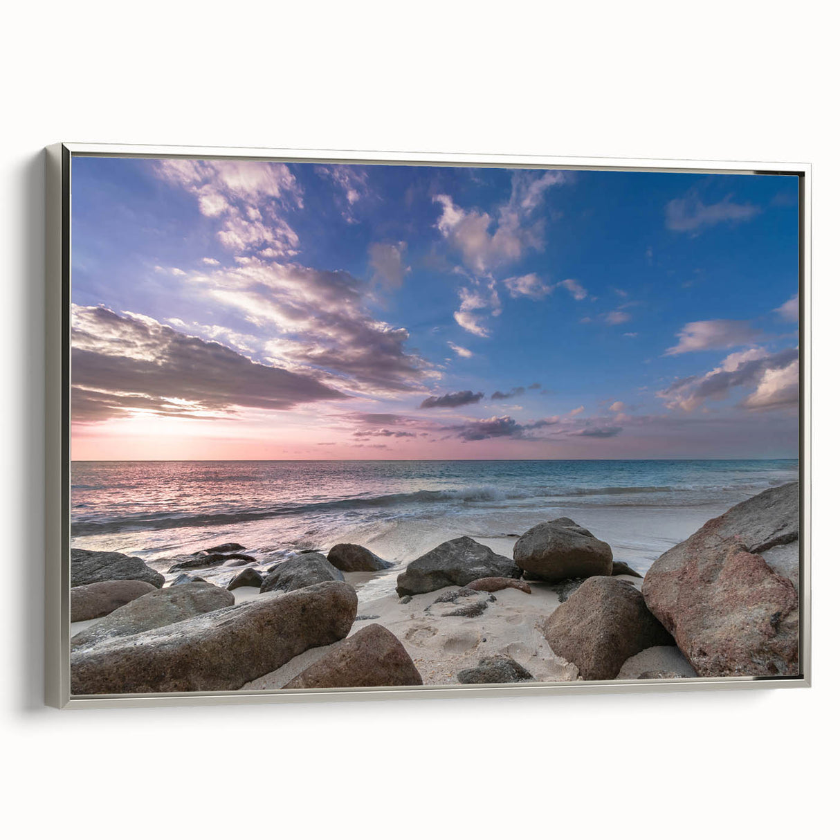 Framed canvas depicting a vintage-style Caribbean landscape in black and silver tones, ideal for bedroom wall art.