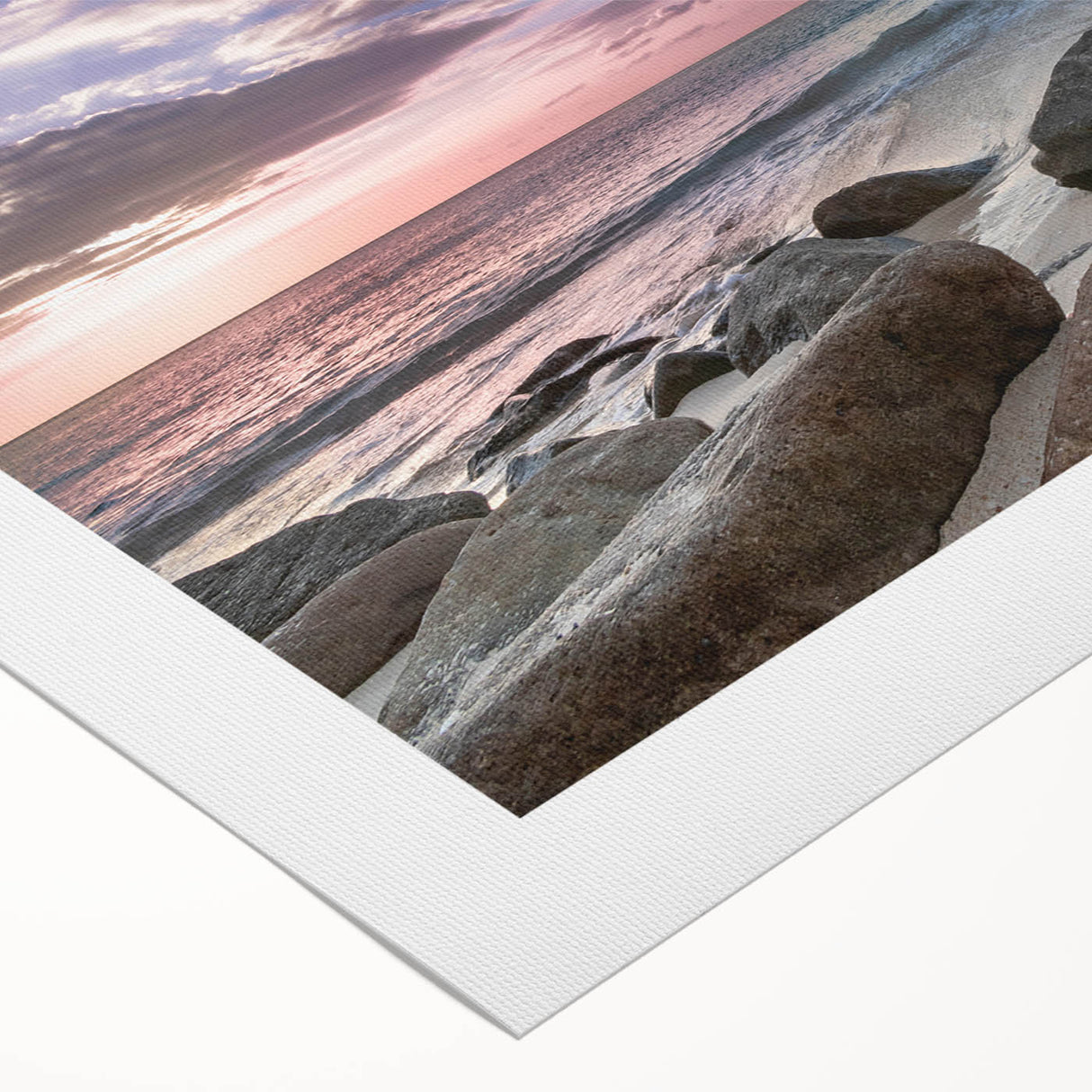 Art deco poster of a Caribbean scenery on rolled canvas, featuring muted blue and sandy hues.