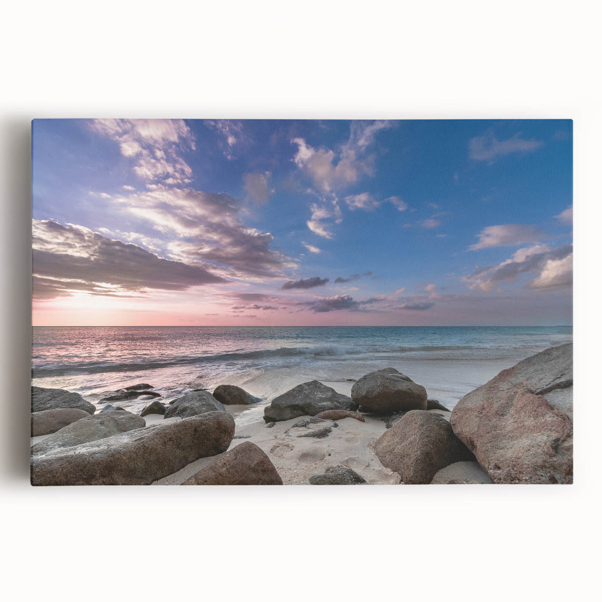 Black and white photograph of a Caribbean beach on large stretched canvas, ideal for kitchen wall art.