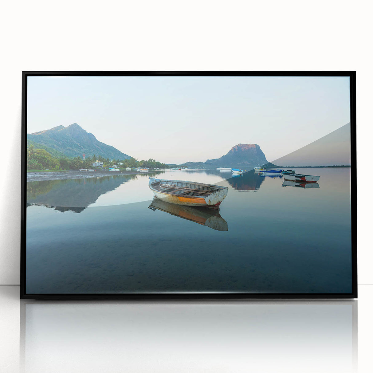 Large abstract wall art depicting a vibrant Caribbean Martinique scenery on a black framed acrylic.