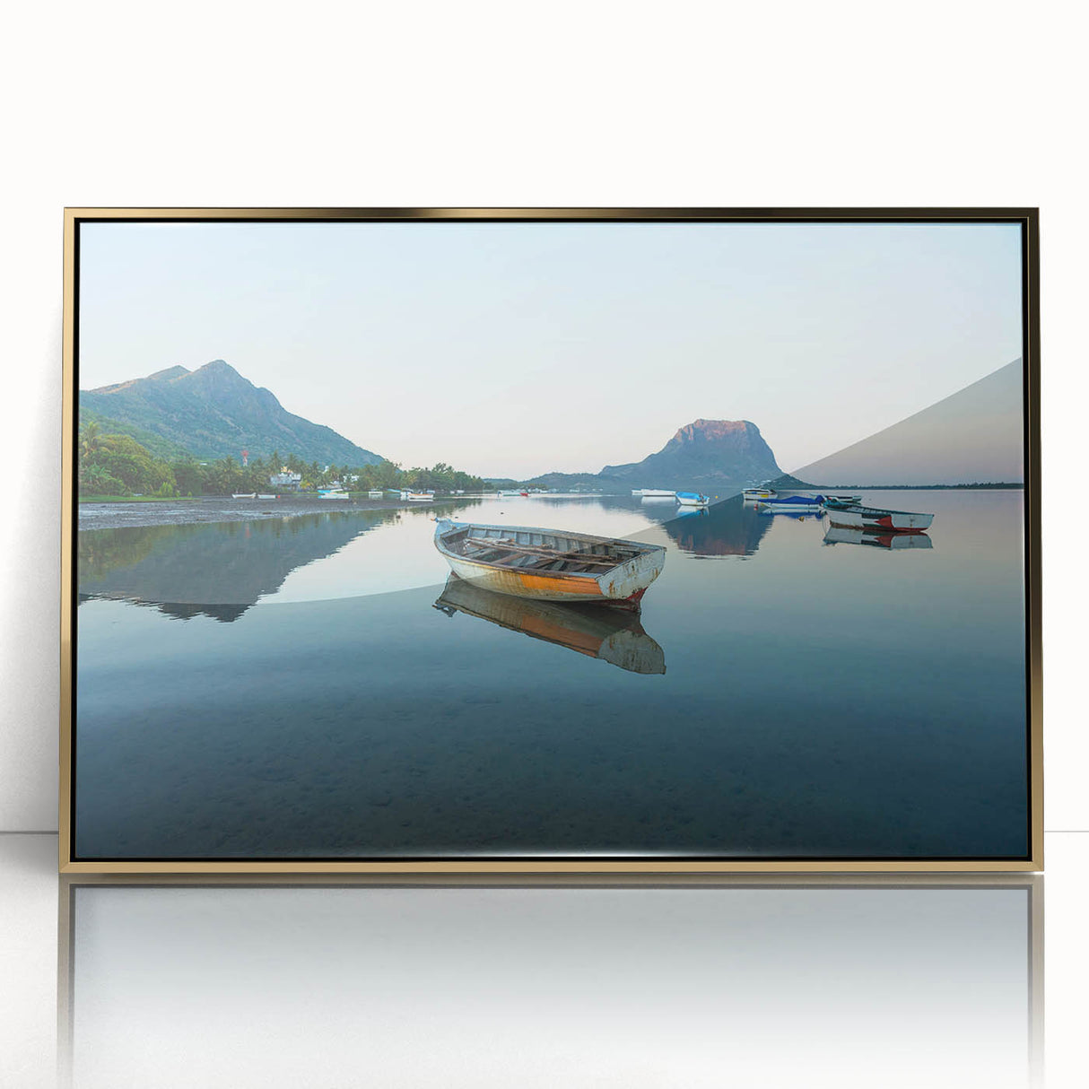 Mid-century modernist art depicting a Caribbean scenery in vibrant blues and greens on a framed acrylic.