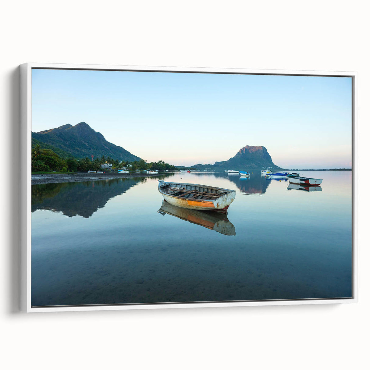 Framed canvas featuring a vintage-style landscape painting of the Caribbean Martinique in vibrant, colorful hues.