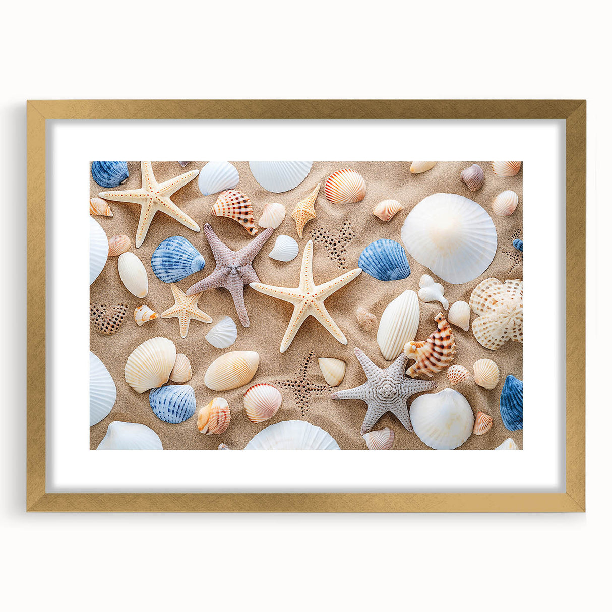 Extra large abstract art print of Cancun scenery in gold frame, featuring textured blues and greens.