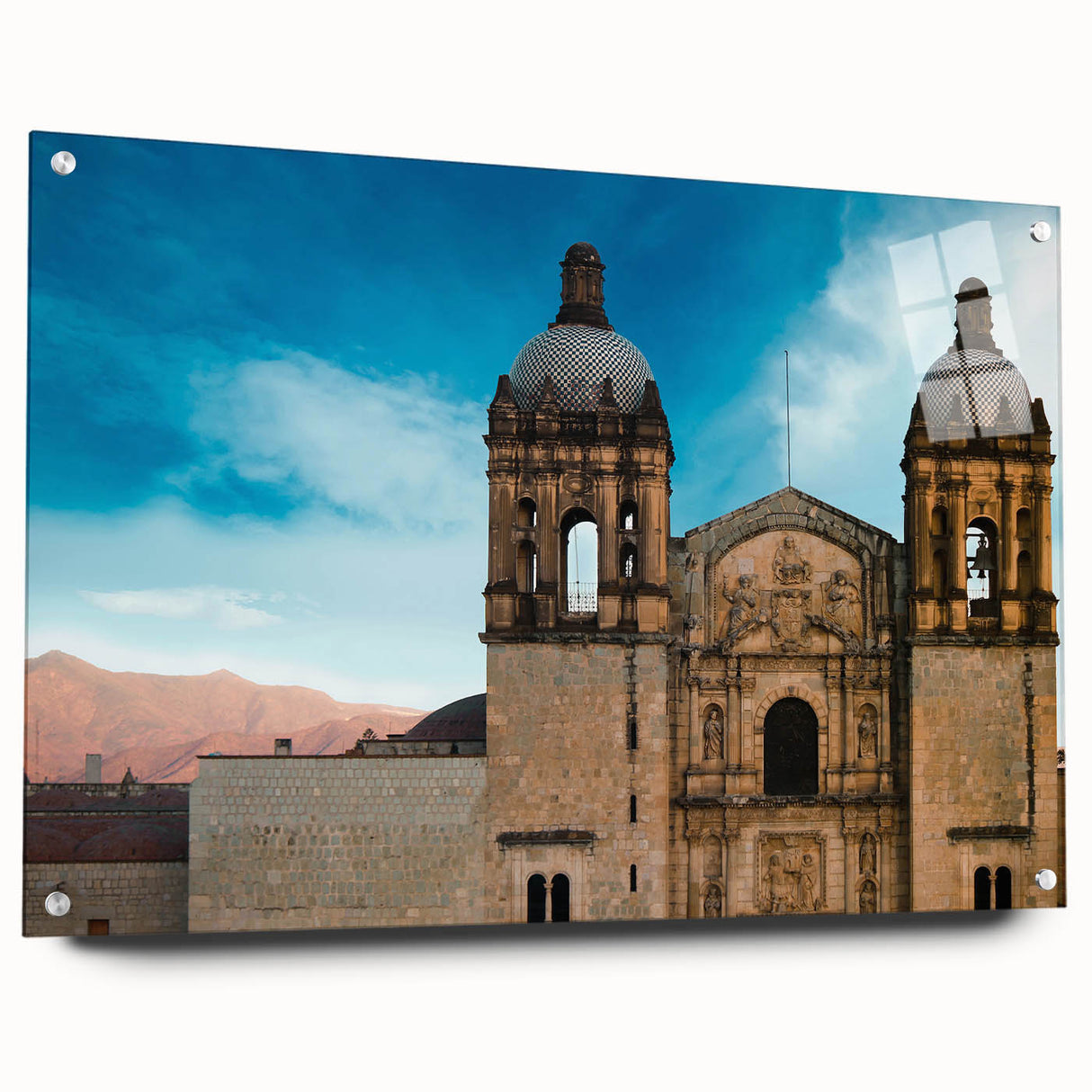 Acrylic print of a large abstract depiction of Oaxaca scenery in vibrant colors, ideal for bedroom or dining room decor.