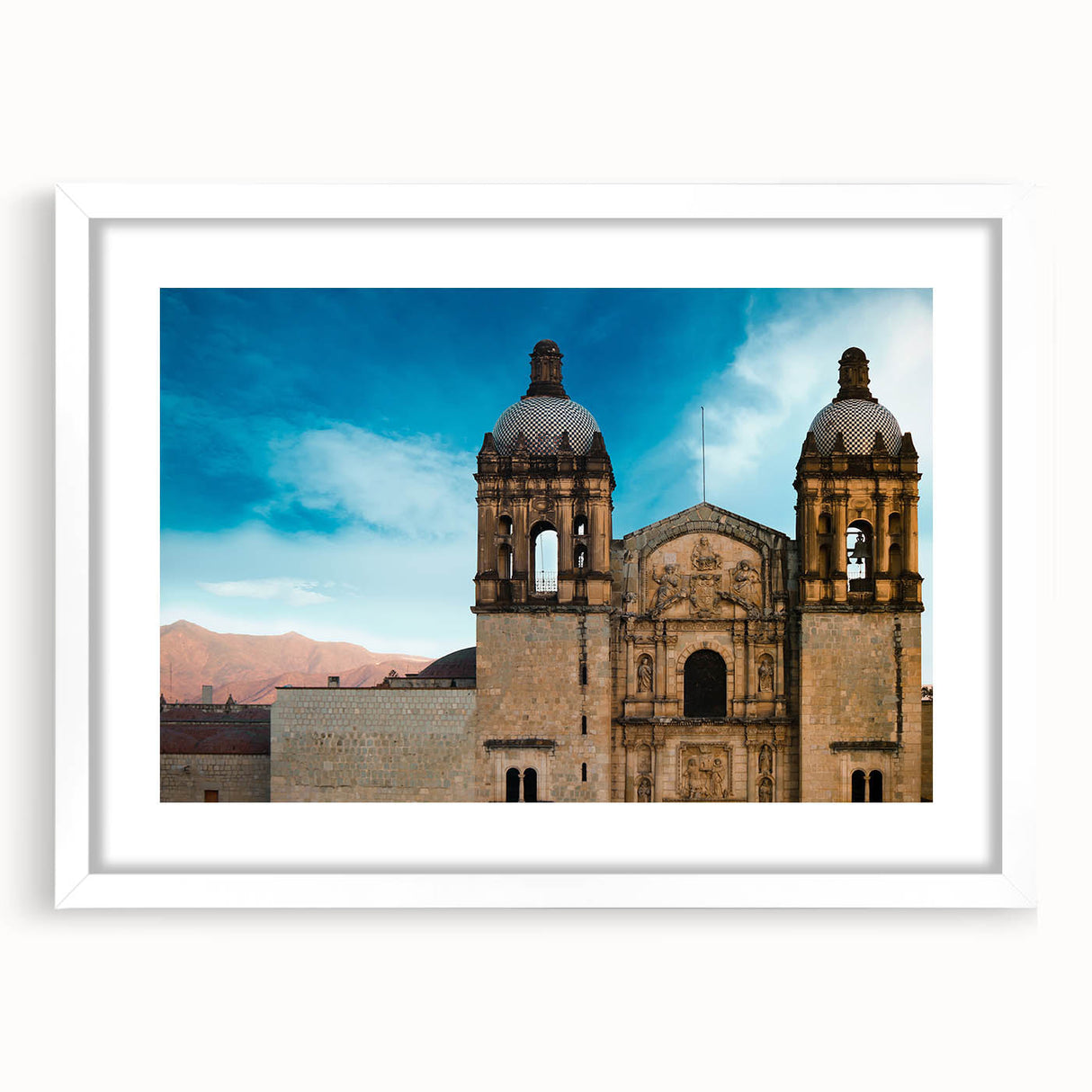 Abstract art print of Oaxaca scenery in muted earth tones, framed with a white mat.