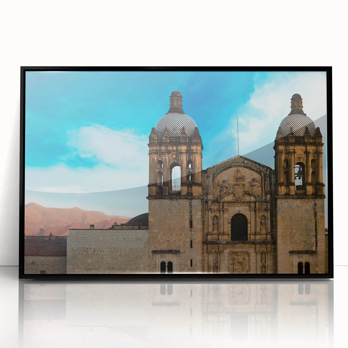 Large abstract wall art depicting a serene Oaxaca landscape in muted earth tones, framed in black acrylic.
