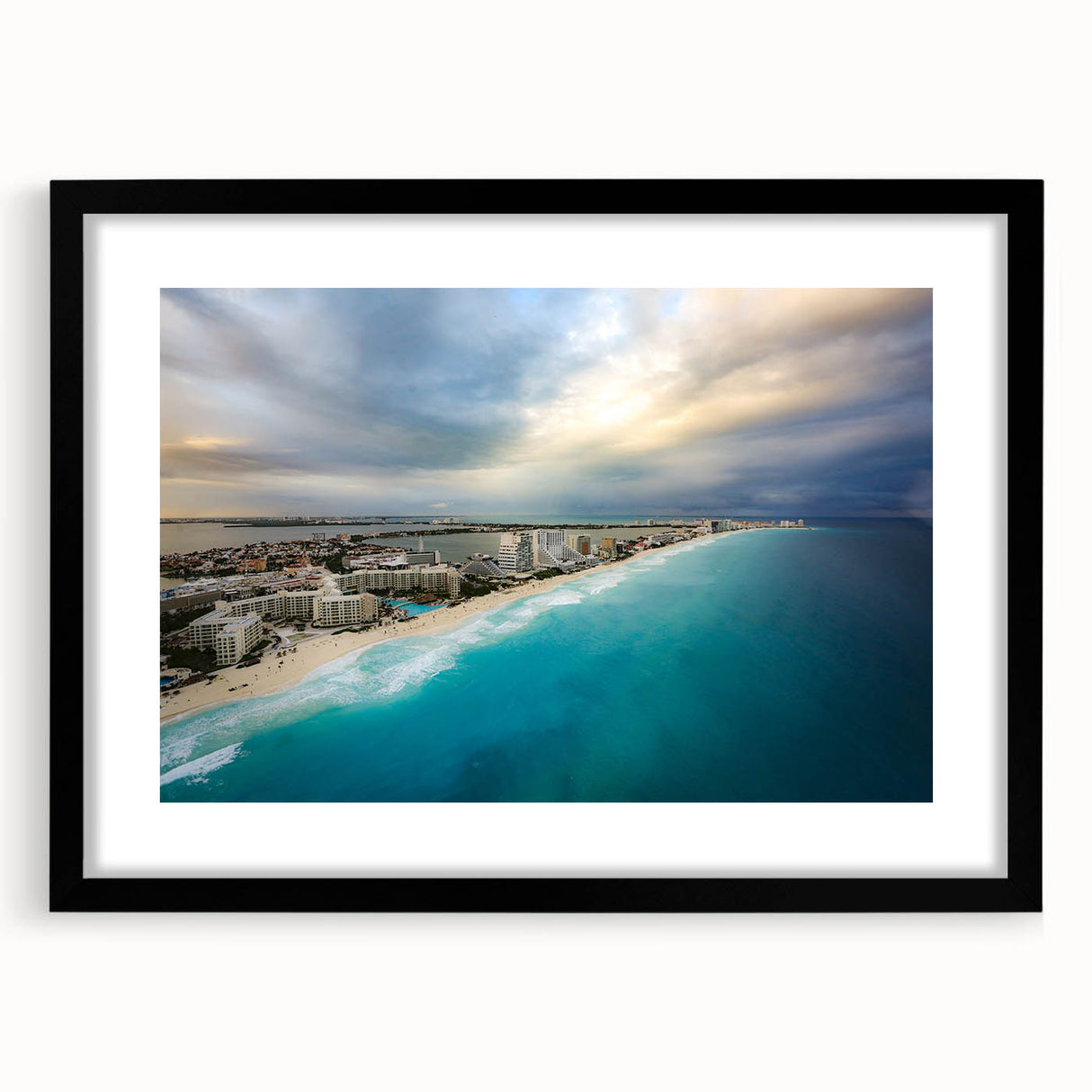 Extra large abstract art print of vibrant, colorful scenery in Quintana Roo, Mexico, on a textured canvas with a black frame.
