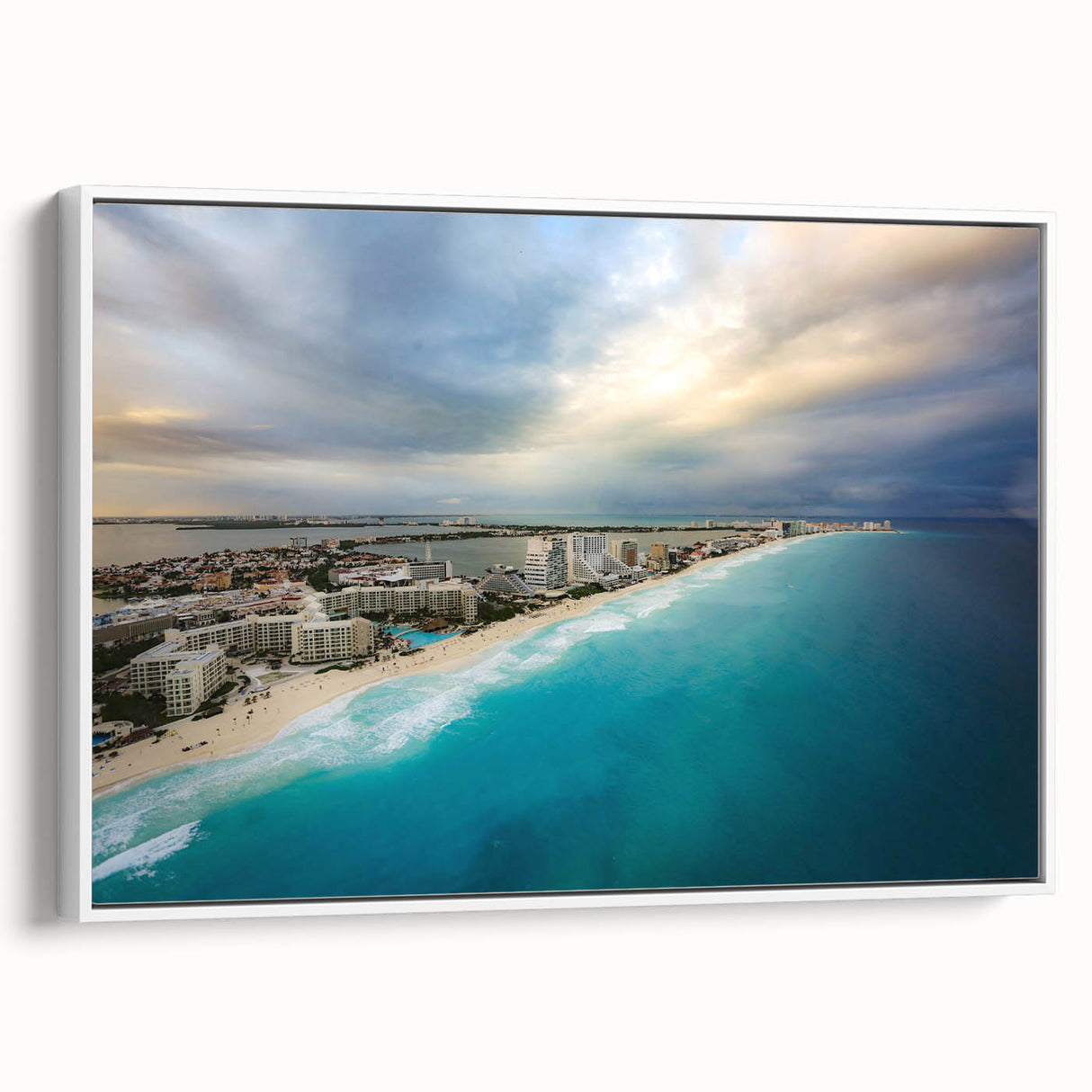 Vintage poster art of Quintana Roo scenery on a framed canvas, featuring vibrant colors, ideal for living room decor.