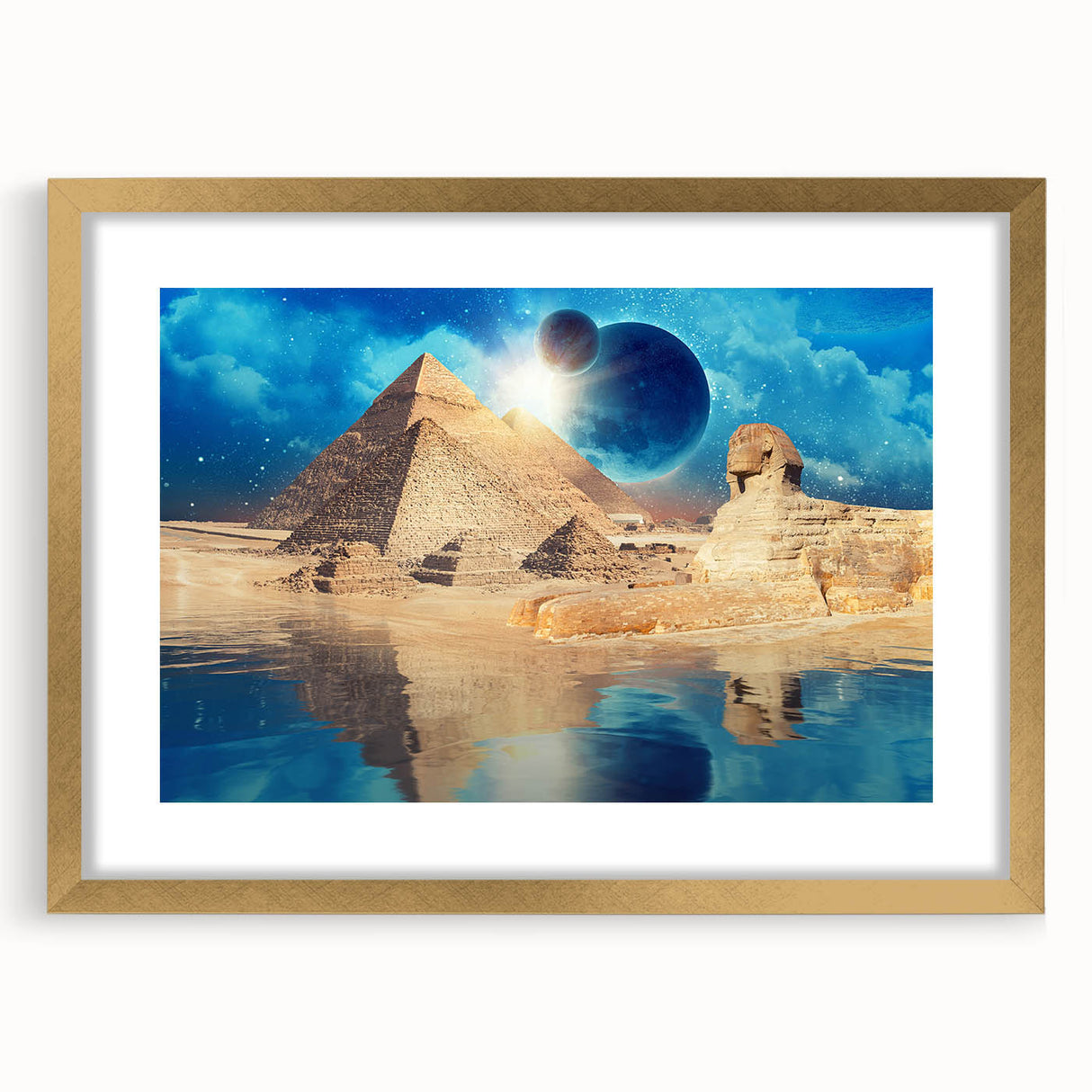 Textured art of an abstract Egyptian landscape in gold and earth tones on a framed canvas, suitable for bedroom decor.