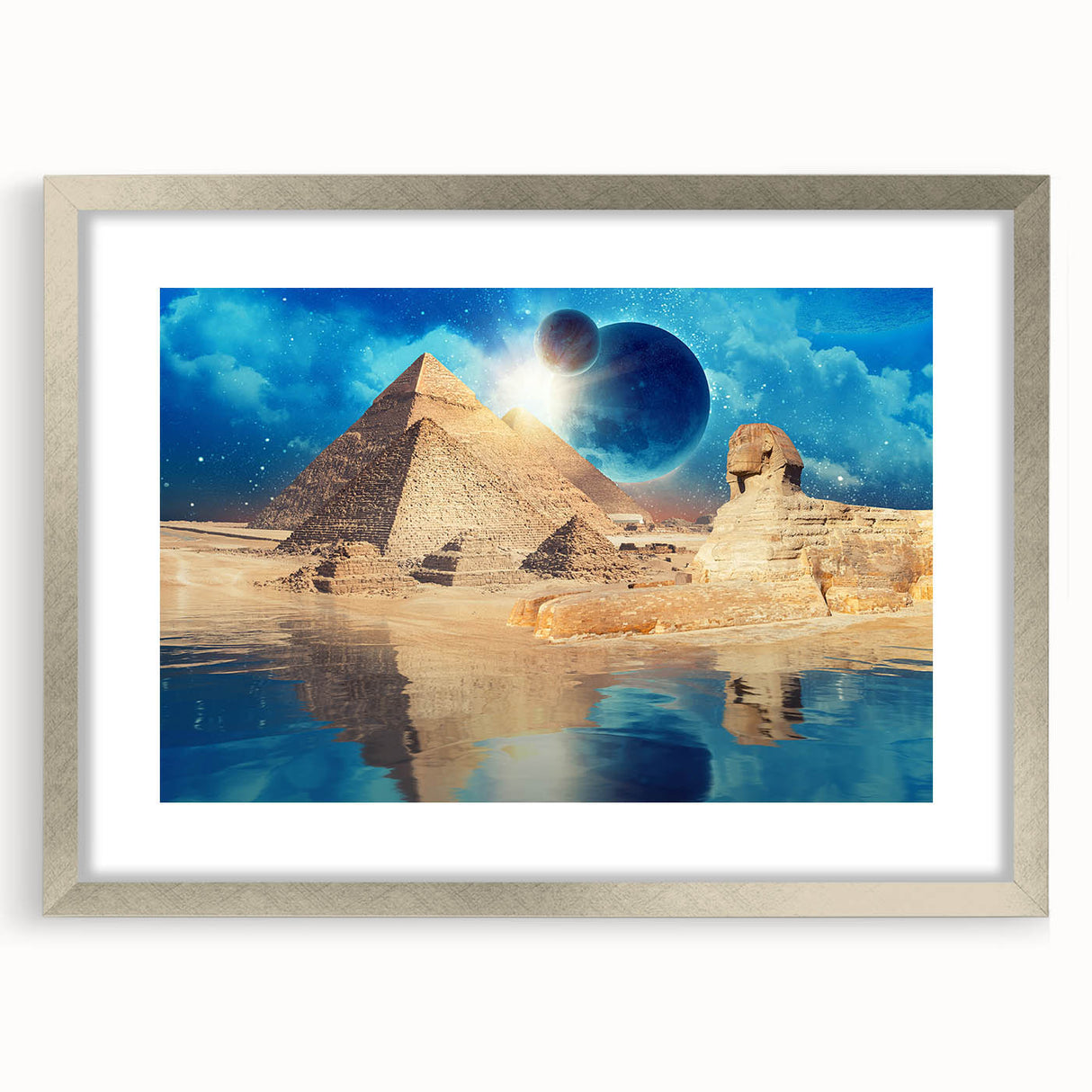 Abstract art print of an Egyptian landscape in muted earth tones, framed in silver, suitable for dining room decor.