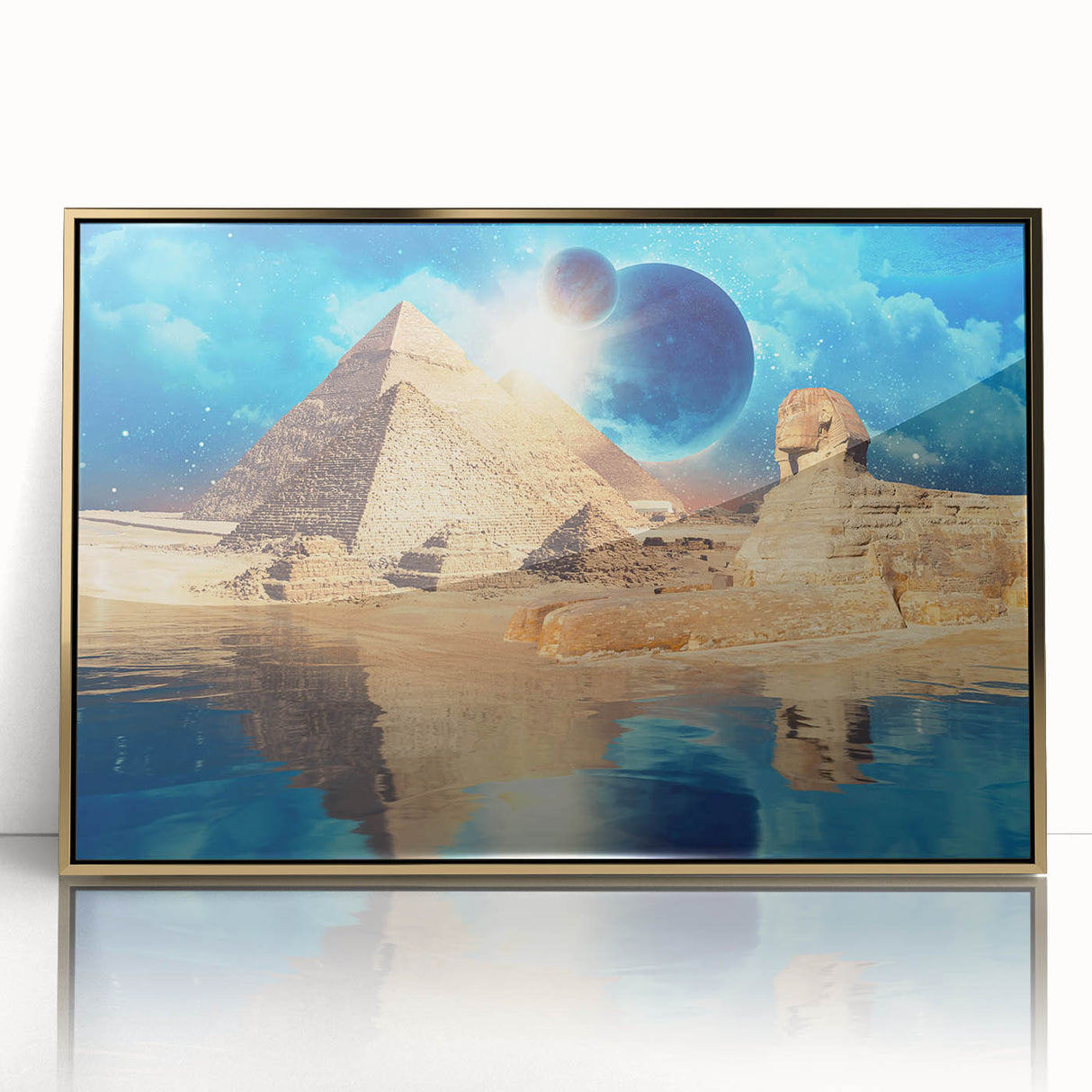 Mid-century modernist art depicting an abstract Egyptian landscape in gold and blue tones on framed acrylic.