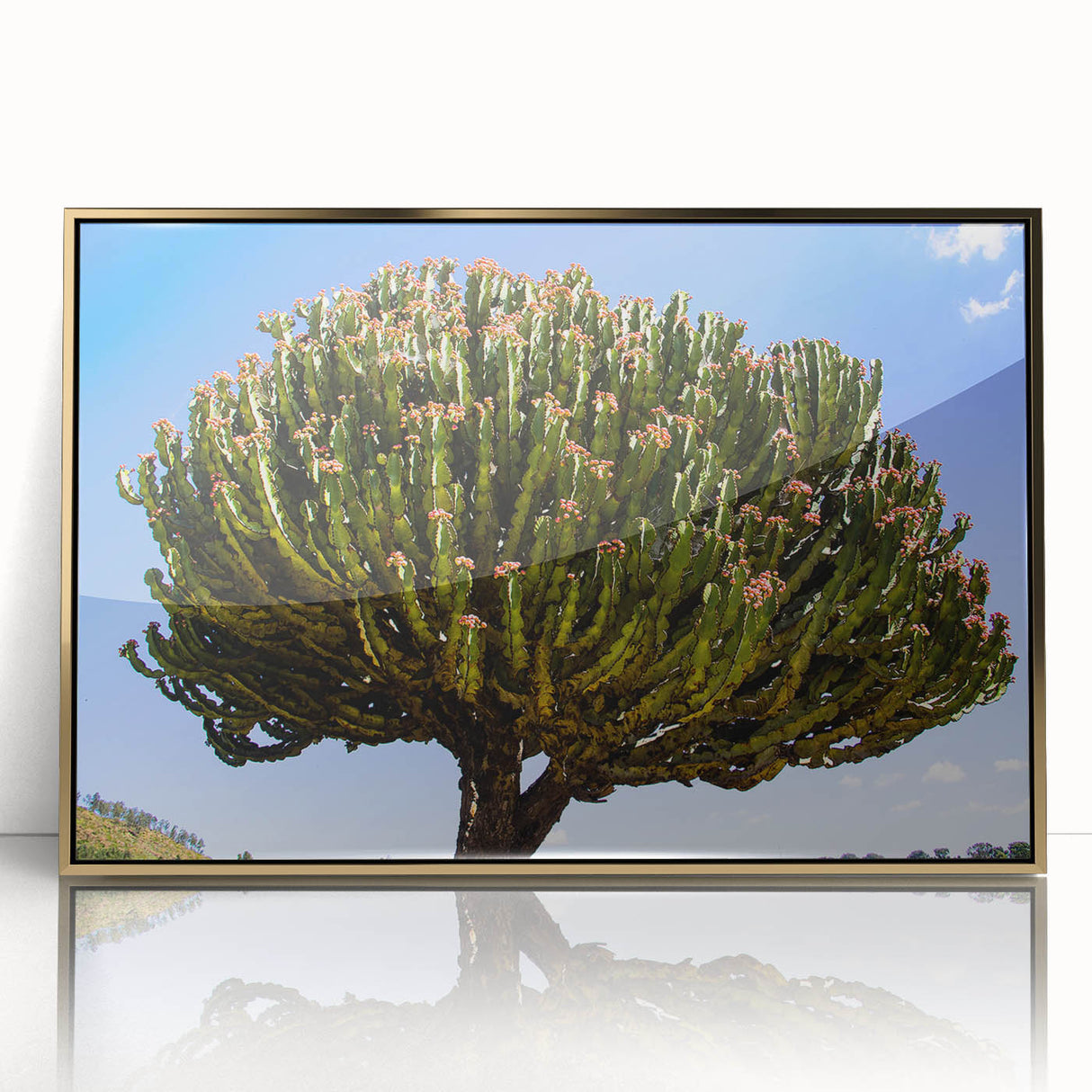 Mid-century modernist art depicting an Ethiopian landscape in muted gold and green tones, acrylic framed.