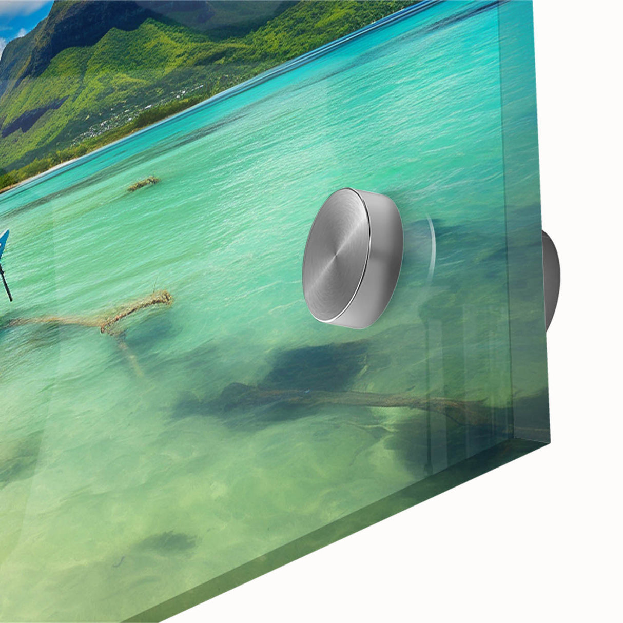 Large abstract wall art depicting a Mauritian landscape in mid-century modernist style on acrylic glass.