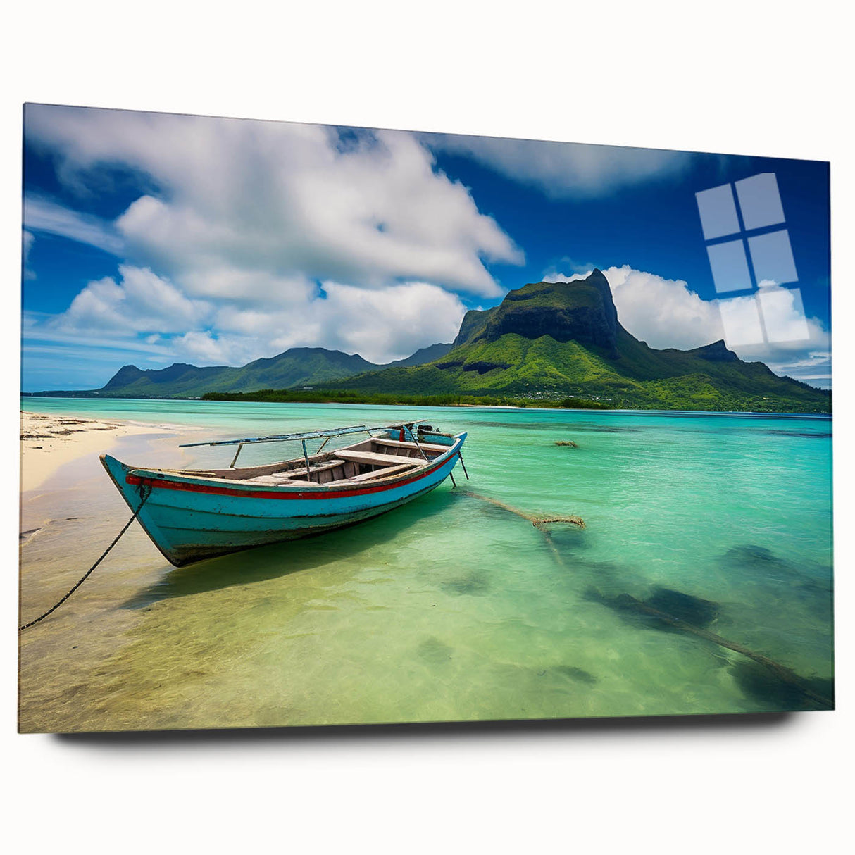 Large abstract wall art of a Mauritian scenery in vibrant blues and greens on acrylic glass.