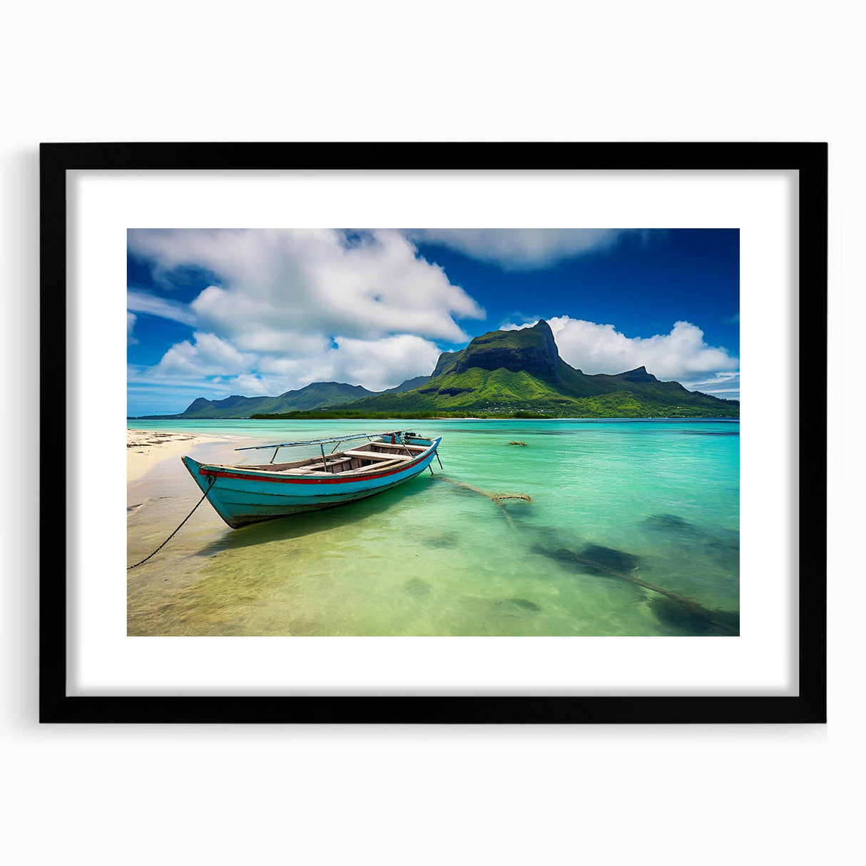 Extra large abstract art print featuring a vibrant, colorful depiction of a Mauritius scenery on a textured canvas.