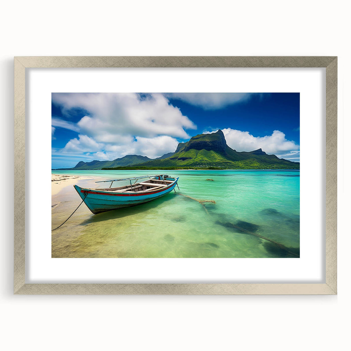 Abstract art print of a Mauritian landscape in muted earth tones on a framed canvas, suitable for dining room decor.