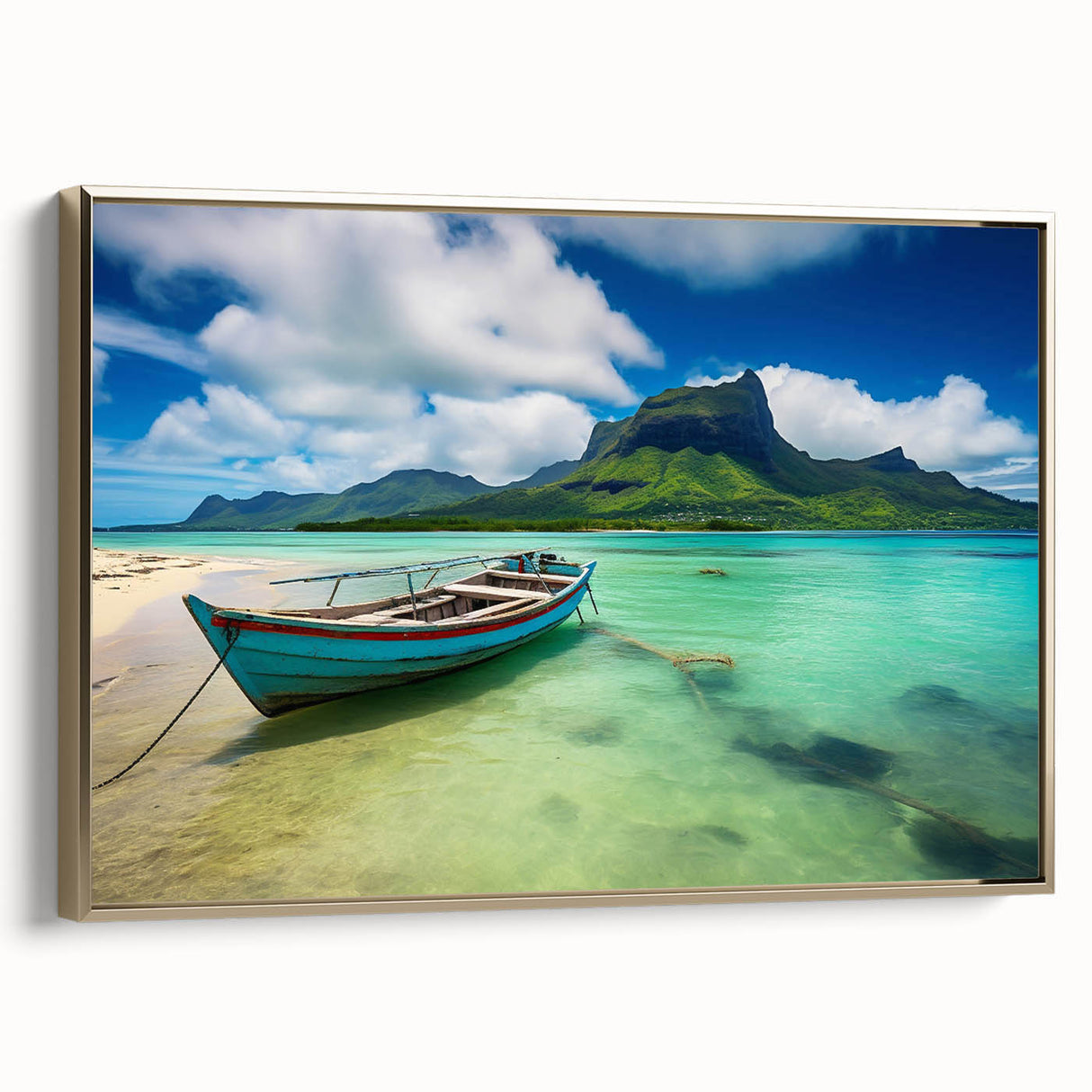 Landscape art painting of Mauritius scenery on framed canvas, featuring vibrant colors with a vintage poster style.