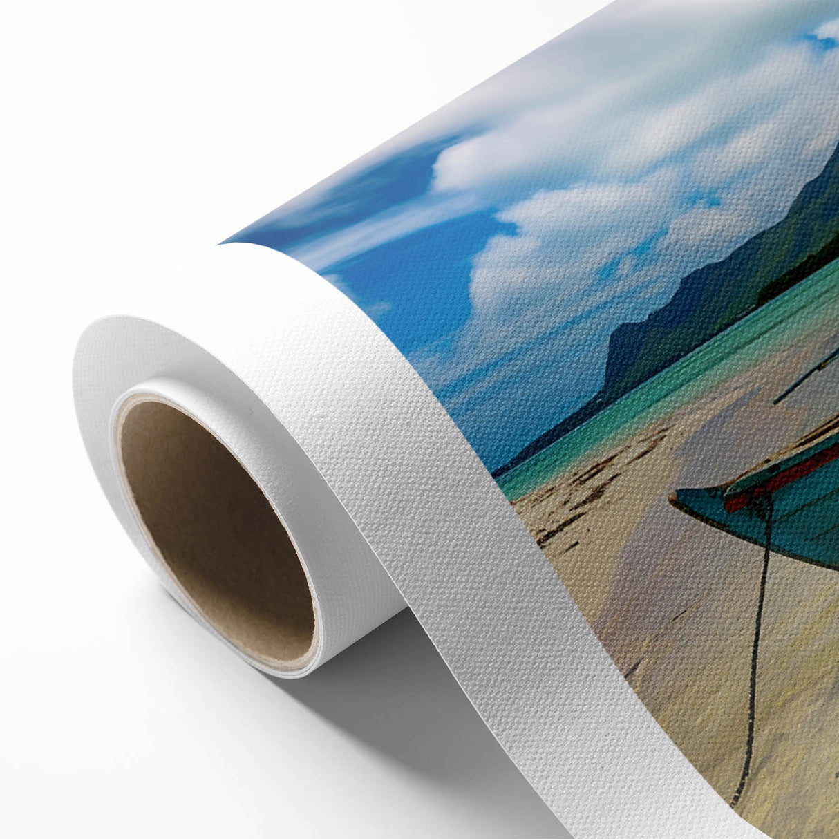 Art Deco poster depicting a serene Mauritius landscape on rolled canvas.