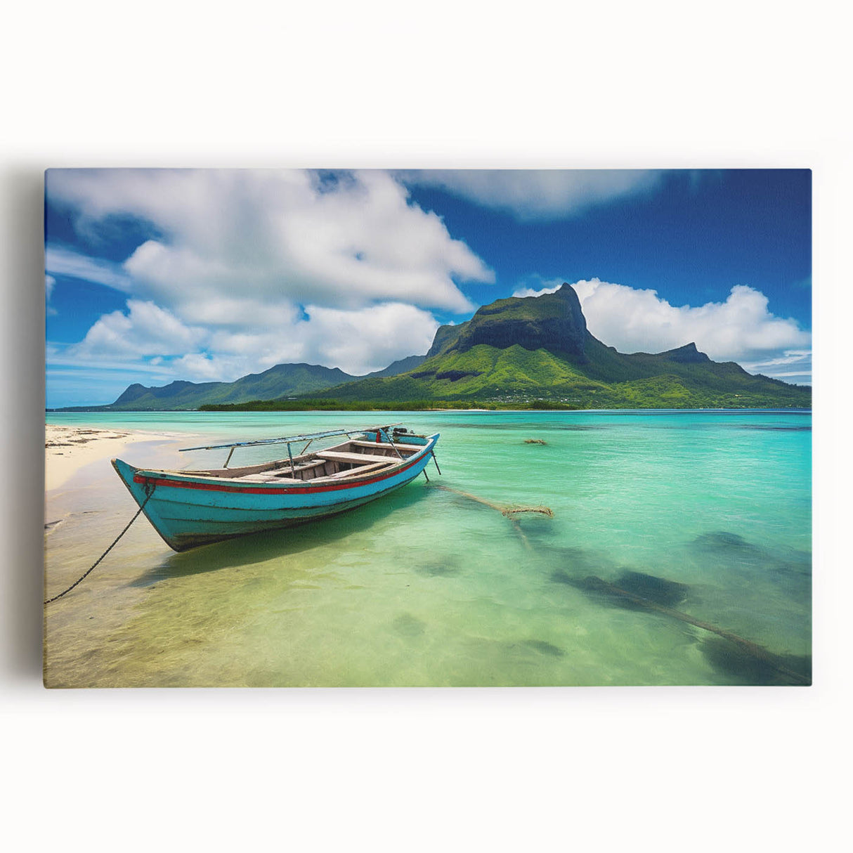 Black and white stretched canvas featuring a serene Mauritius landscape, ideal for kitchen wall art.