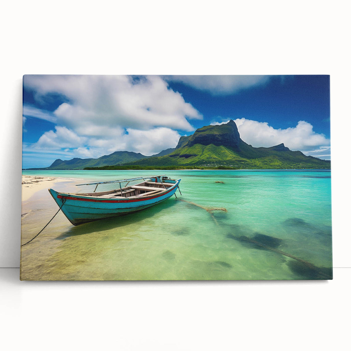 Black and white large art of Mauritian scenery on stretched canvas, ideal for kitchen wall art or bedroom decor.