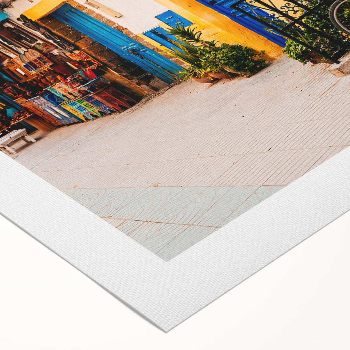 Art deco poster of a Moroccan landscape in muted earth tones on rolled canvas, suitable for dining room decor.