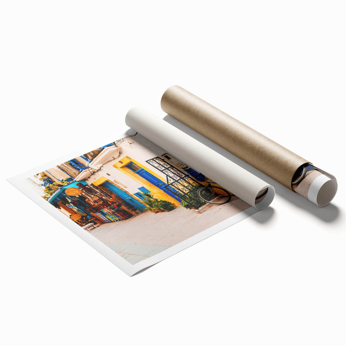 Extra large rolled print of a Moroccan landscape with vibrant floral elements.