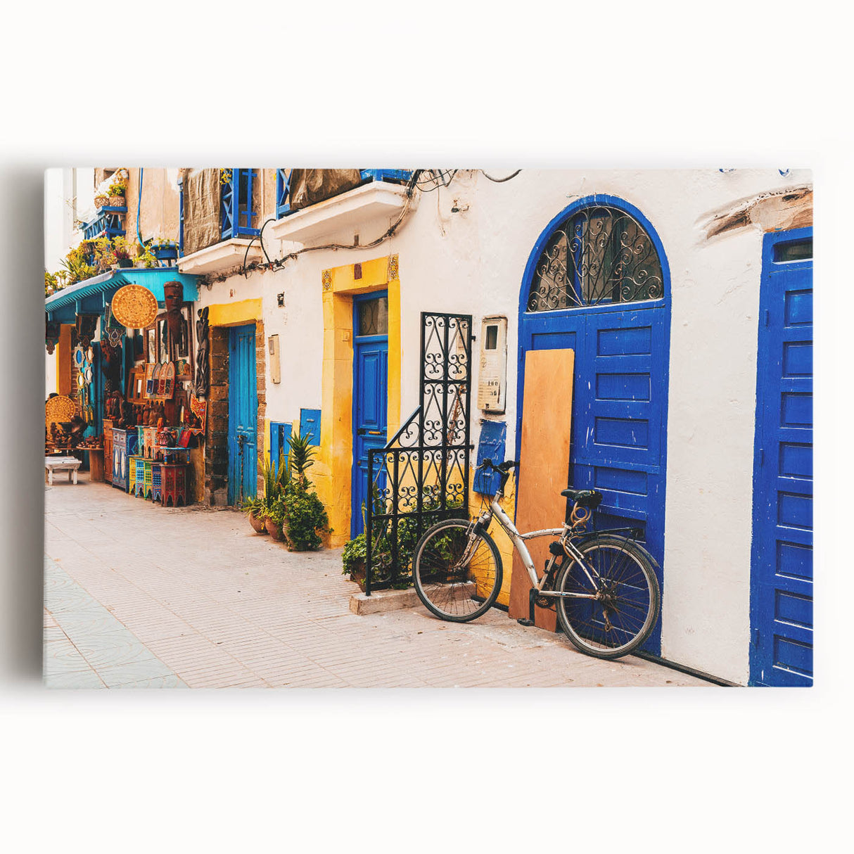 Black and white stretched canvas of Moroccan scenery, ideal for kitchen wall art.