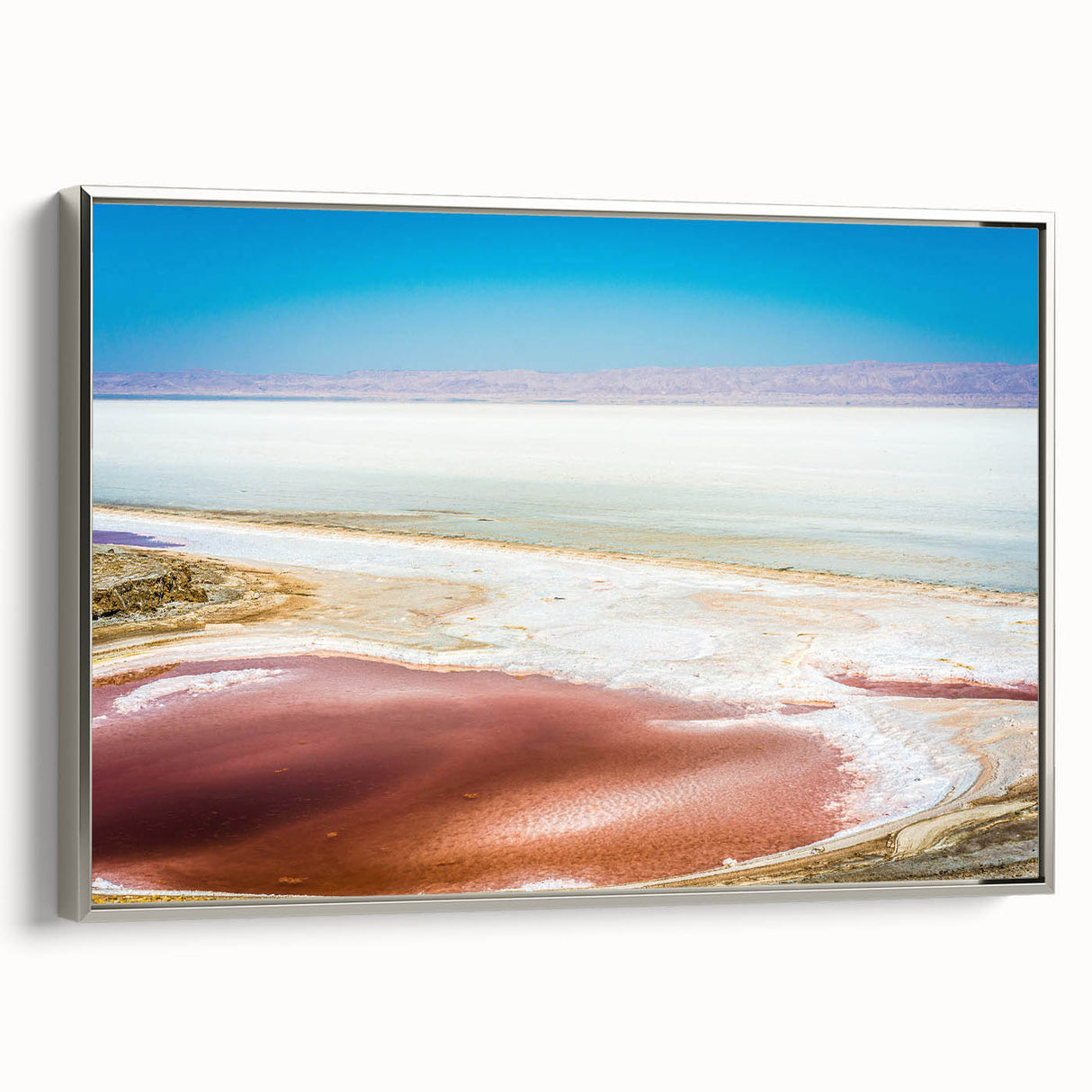 Framed canvas landscape art painting depicting a Tunisian scenery in muted earth tones.