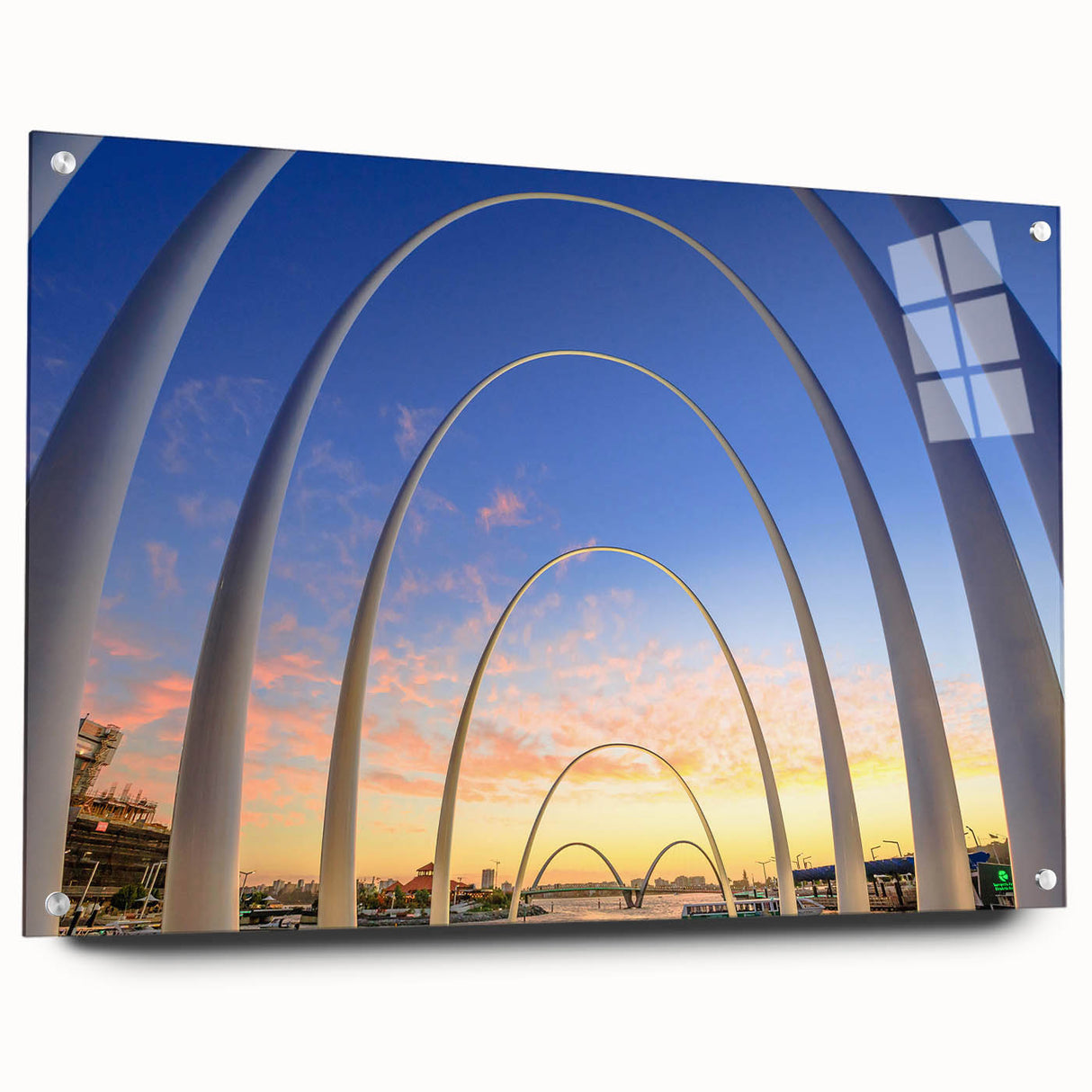 Large abstract wall art of Perth, Australia in muted blue and green tones on acrylic glass.