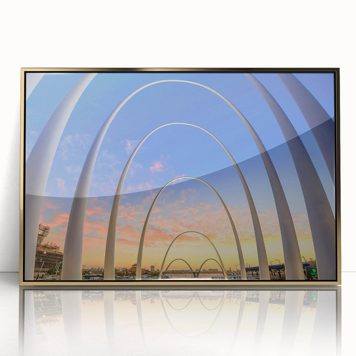 Mid-century modernist art depicting the Perth skyline in muted gold tones on a framed acrylic panel.