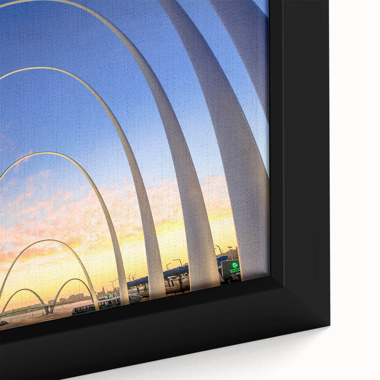 Extra large framed canvas of Perth, Australia skyline in black with colorful, textured highlights.