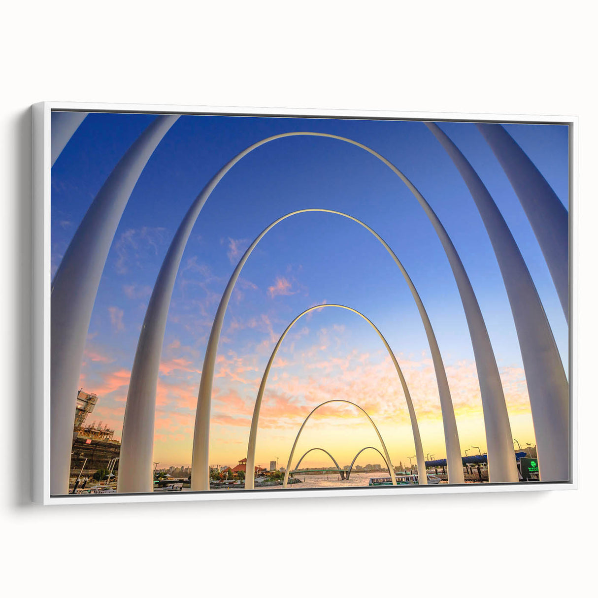 Framed canvas featuring a vintage-style landscape painting of Perth, Australia with a black and white color scheme.