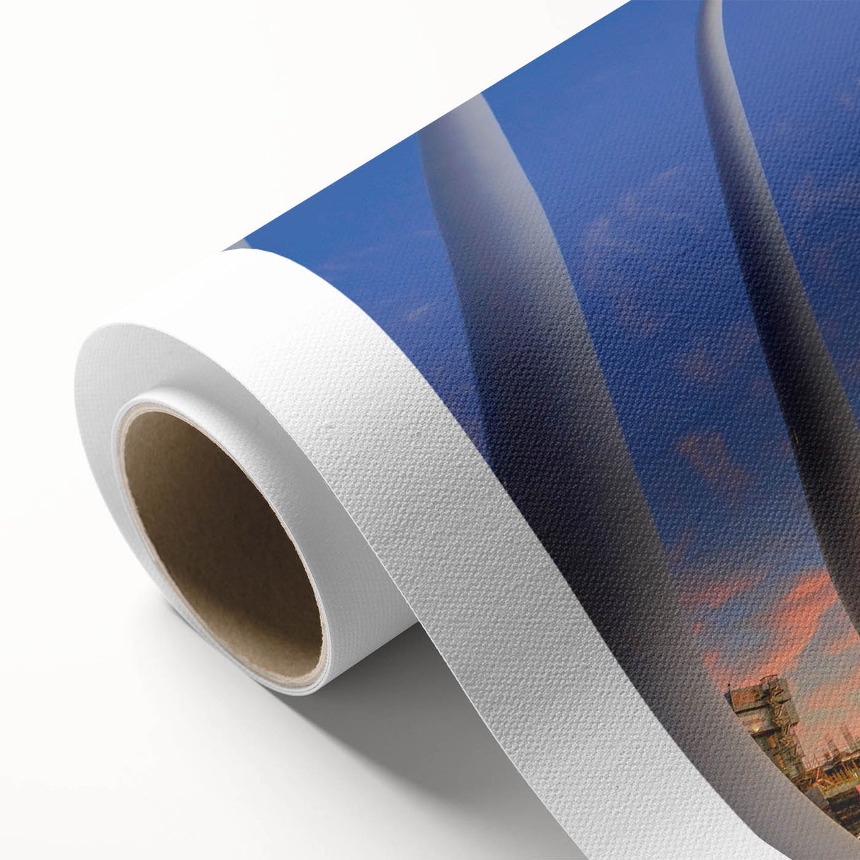 Art deco style poster of Perth, Australia on rolled canvas, featuring soft pastel hues.