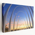 Panoramic Perth skyline on a stretched canvas with vivid blue and green tones, suitable for kitchen wall art.