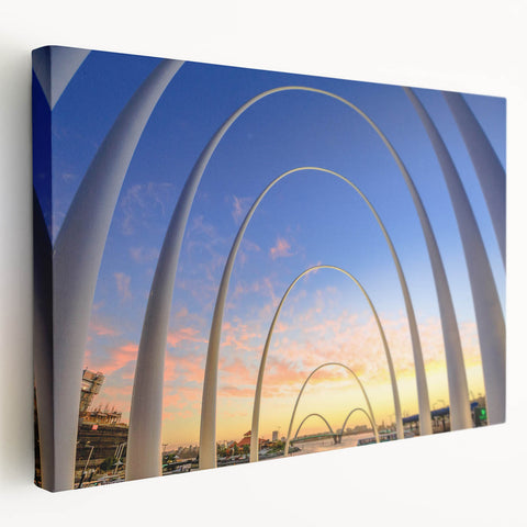 Panoramic Perth skyline on a stretched canvas with vivid blue and green tones, suitable for kitchen wall art.