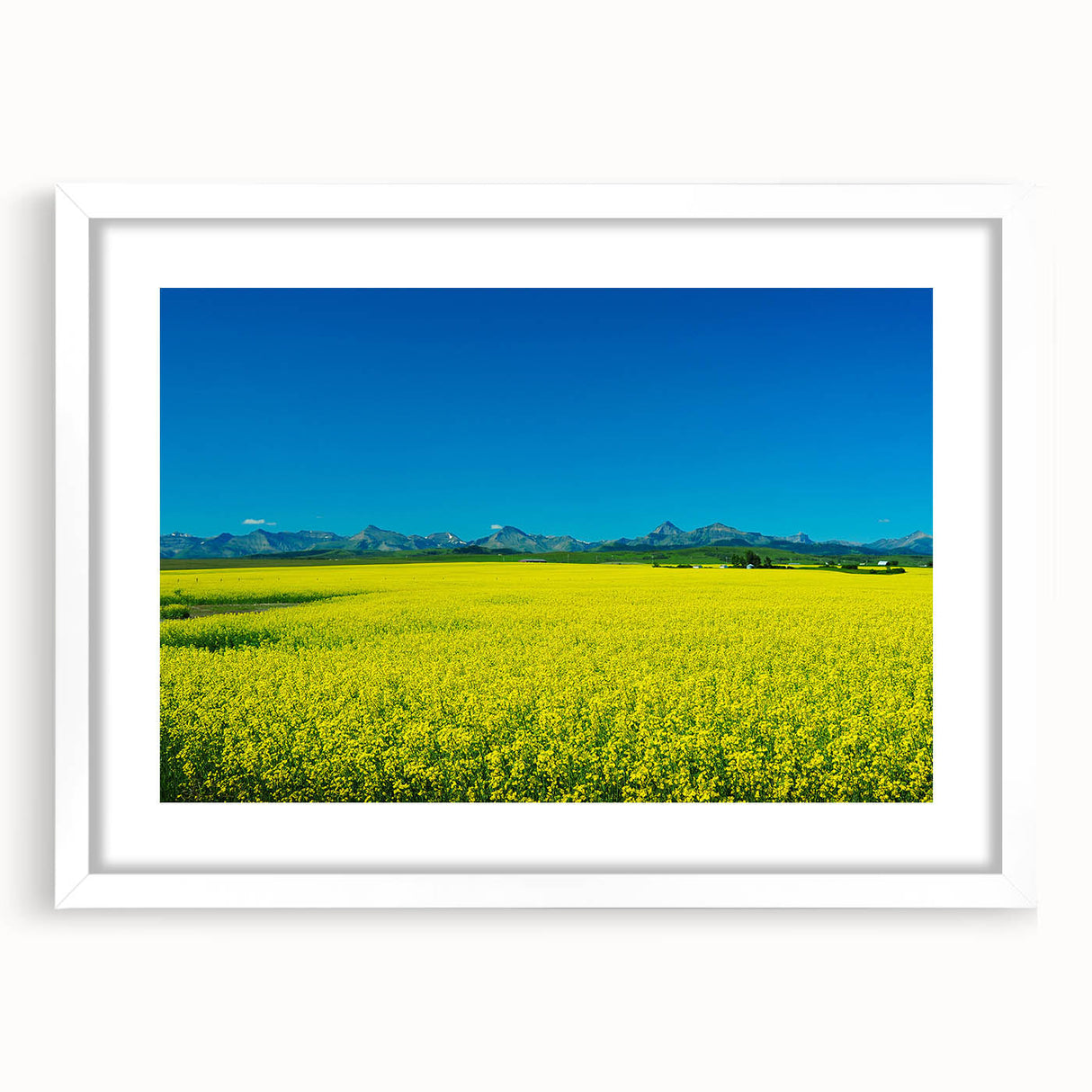 Abstract art print of Alberta, Canada scenery in muted earth tones on a framed white mat, ideal for dining room decor.