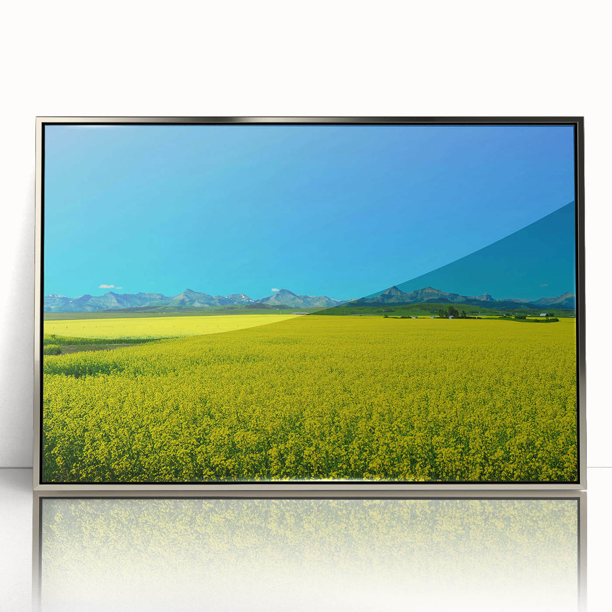 Mid-century modernist art depicting Alberta, Canada scenery in silver framed acrylic, suitable for nursery wall decor.