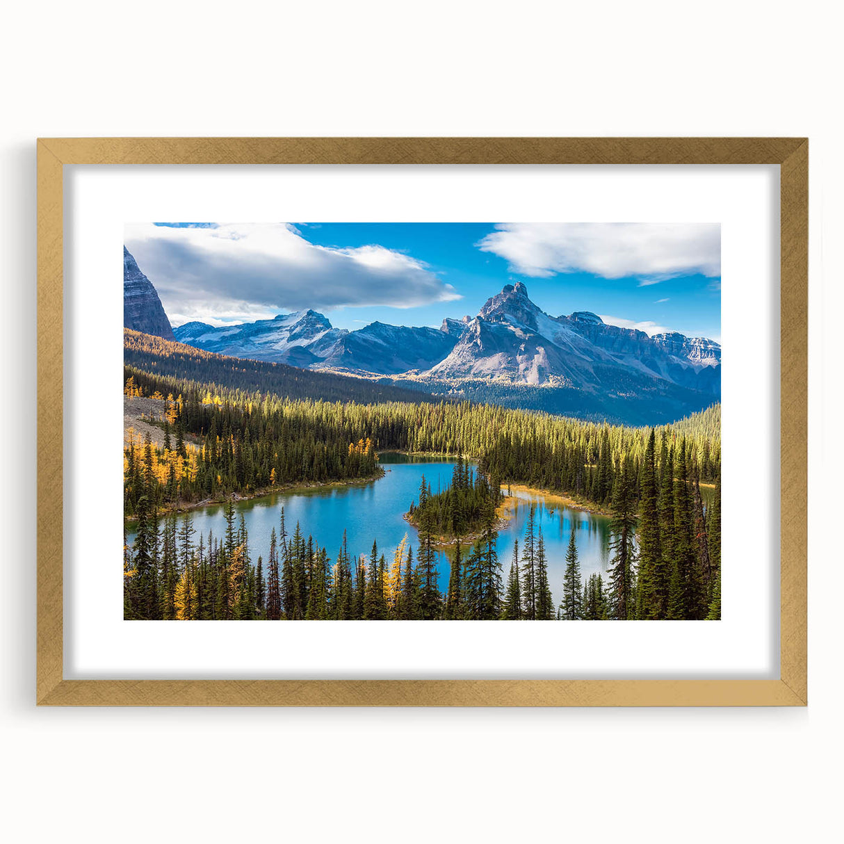 Extra large abstract art print of a textured British Columbia scenery in a gold frame, ideal for living room decor.