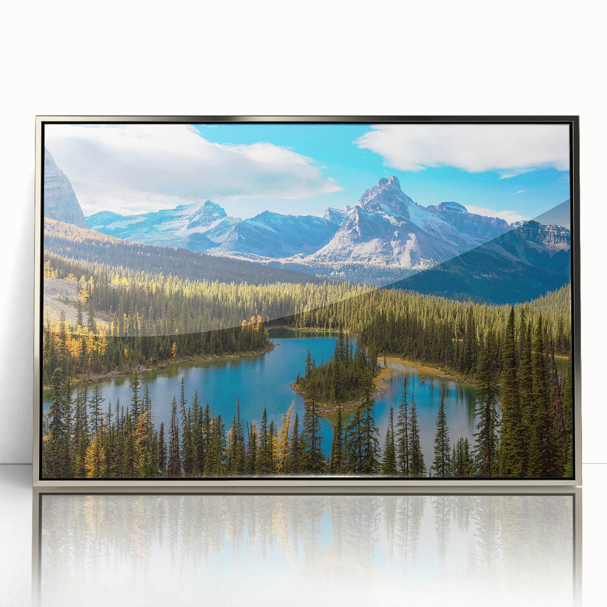 Framed acrylic print of a British Columbia landscape in mid-century modernist style, featuring muted earth tones.