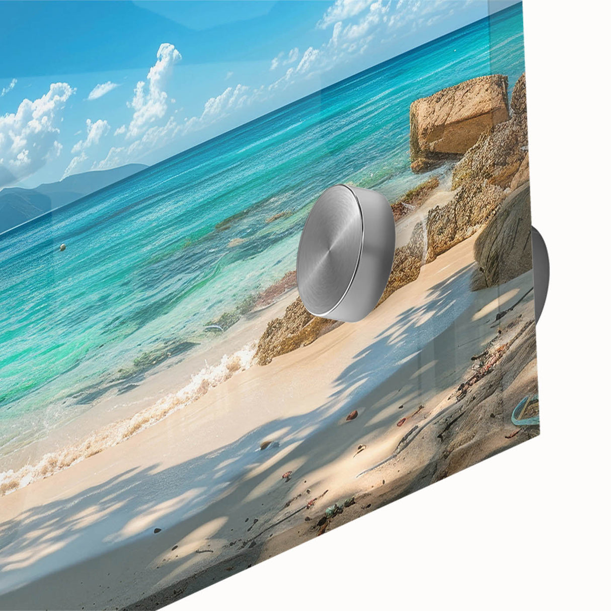 Large abstract wall art depicting a Caribbean Aruba scenery in vibrant blue and green tones on acrylic glass.