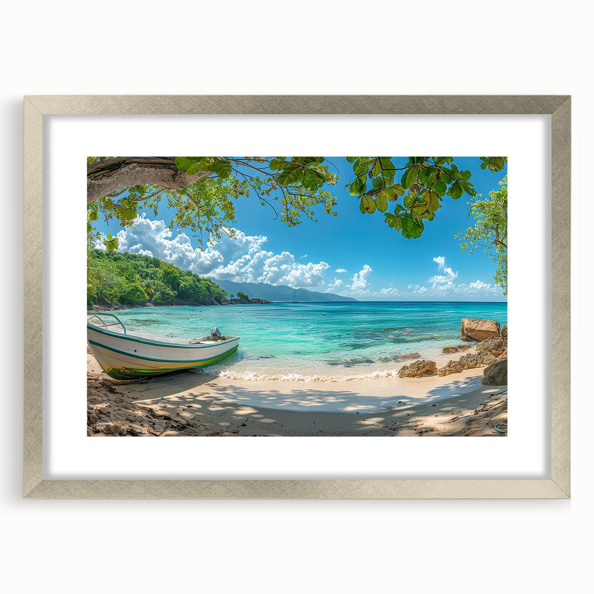 Extra large abstract art print of Caribbean scenery in muted blue and green tones, framed in silver.