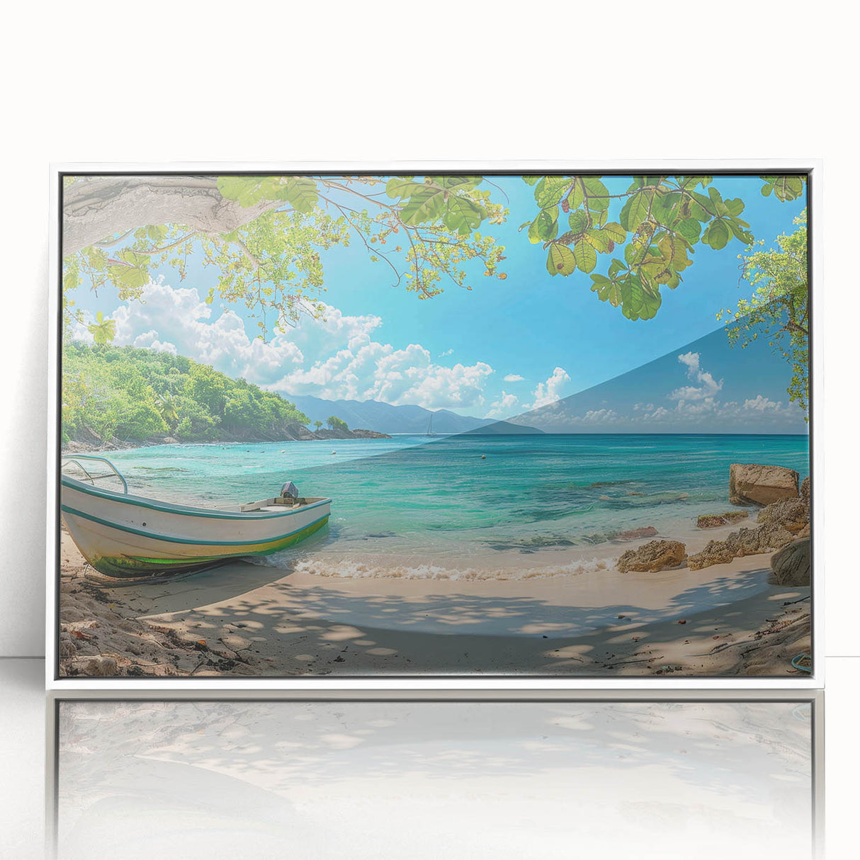 Mid-century modernist art of Caribbean Aruba scenery on a white framed acrylic, featuring pastel hues.