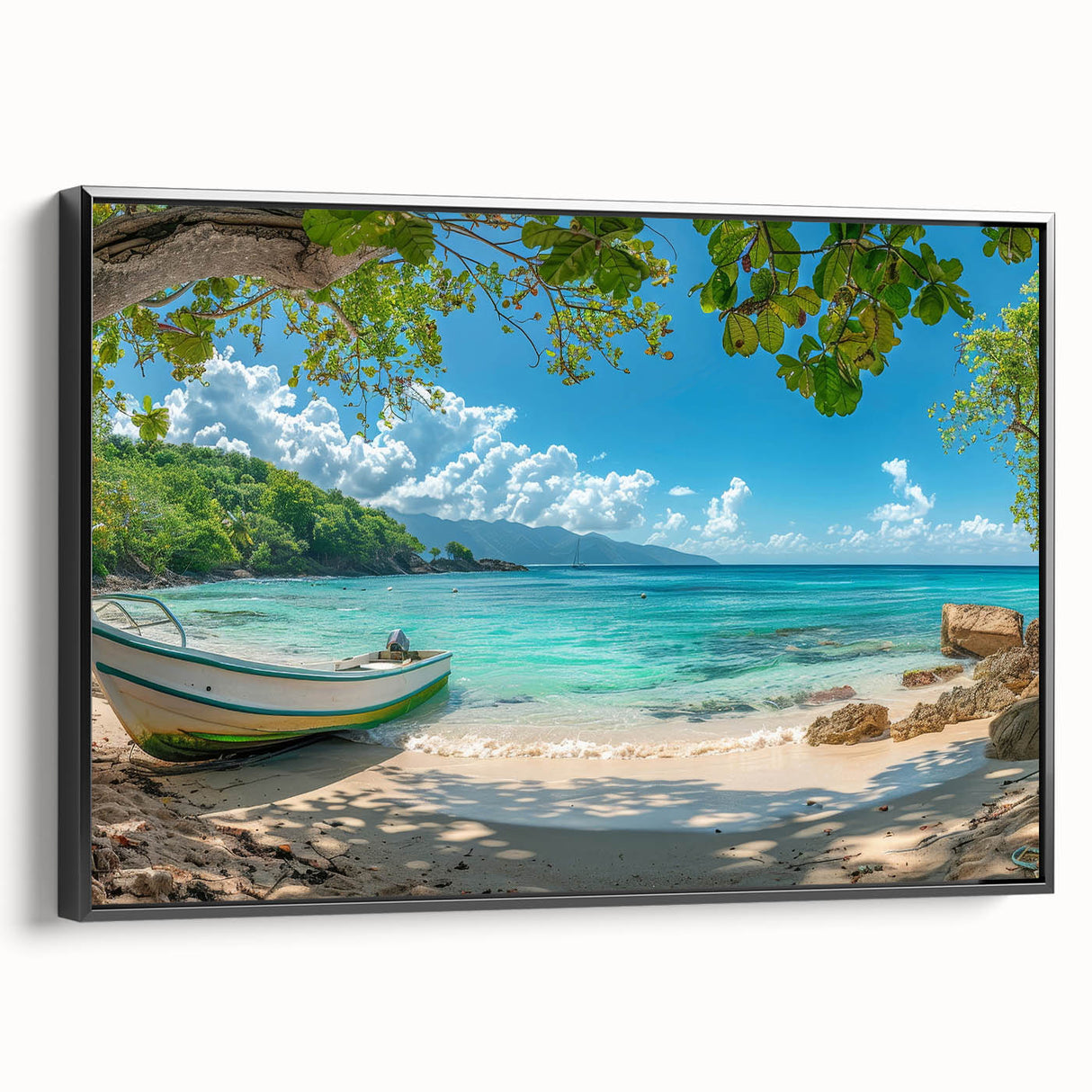 Black and white framed canvas of a vintage-style Aruban landscape, ideal for bedroom wall decor.
